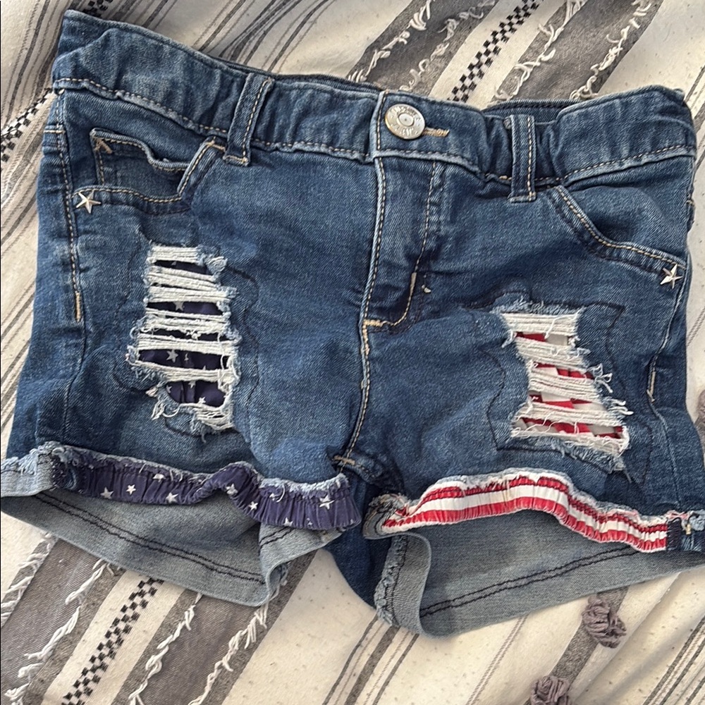 Justice Distressed Denim Shorts with American Flag Patch Detail